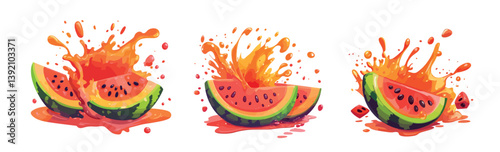 Cartoon watermelon juice concepts. Striped melon big berry fruit with nectar leaks splashes juicy sprays blobs and sprains, fresh vitamins healthy tropical pomes edible plants food isolated vector