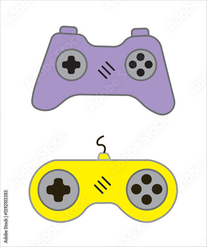 Vector illustrations of retro gaming devices including joystick, handheld consoles, gamepads and digital pets