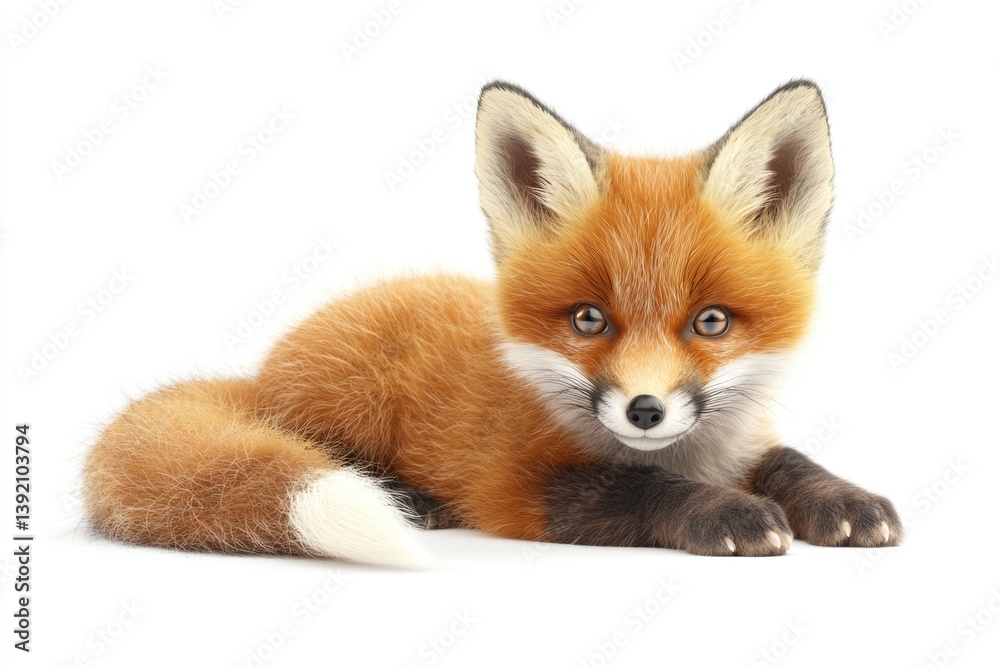 Fototapeta premium Adorable red fox kit with fluffy orange fur and a bushy white-tipped tail, lying down.