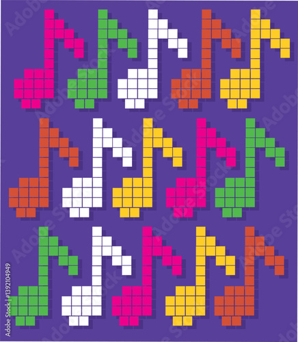 Vector set of pixel art music icons with notes, instruments and audio symbols. 8-bit retro pixel vector art