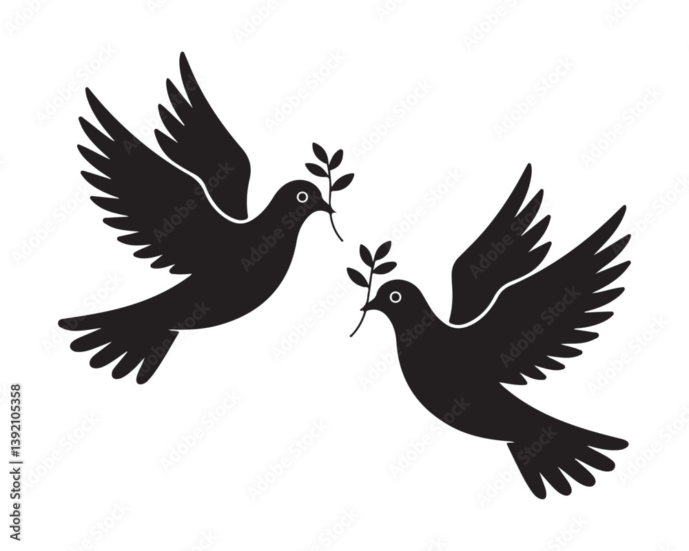 Obraz premium Two silhouette doves in flight carrying olive branches, symbolizing peace.