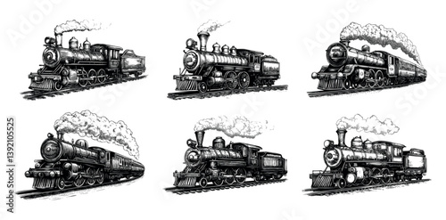 Engraving steam train. Old coal powered locomotive with wagons and clouds, vintage carriage railway express passengers logistic transportation, hand drawn black monochrome isolated vectors