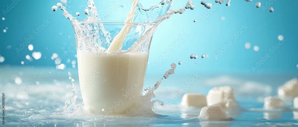 Glass of milk with splash on blue background surrounded by sugar cubes. Suitable for advertising dairy products, packaging, blogs about healthy eating.
