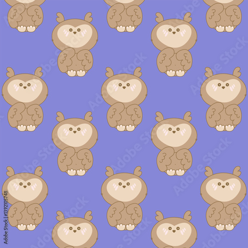 Seamless pattern with round cute owl with blush cheeks on purple background. Kawaii pattern for kids, toddler textile, gift wrap, nursery products, baby stationery. Vector illustration in soft tones