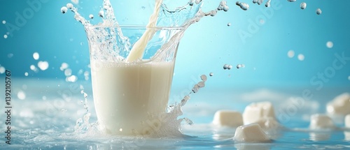 Obraz na płótnie Glass of milk with splash on blue background surrounded by sugar cubes. Suitable for advertising dairy products, packaging, blogs about healthy eating. w salonie