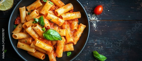 Obraz na płótnie Pasta with tomato sauce, garnished with basil and tomatoes, served in a black plate. Perfect for cooking blogs, recipes, restaurant menus. w salonie
