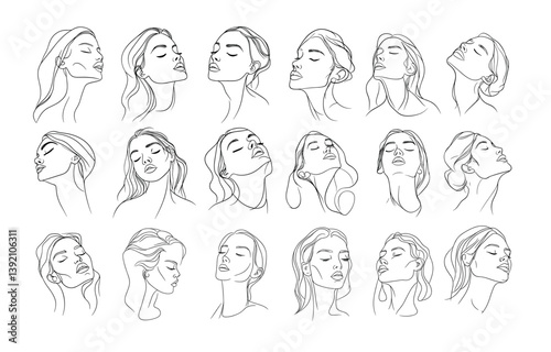 Woman outline portraits. Female heads in different angles closed eyes serene long hair relaxing characters avatars, hand drawn monochrome sketches isolated vector illustrations