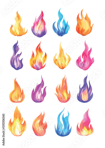Magical flames collection. Elemental glowing blaze and arcane sorcery enchanting mystic fires with radiant witchery embers burning flares sparks, isolated vector illustrations