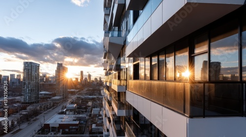 Modern condo balcony sunset city view