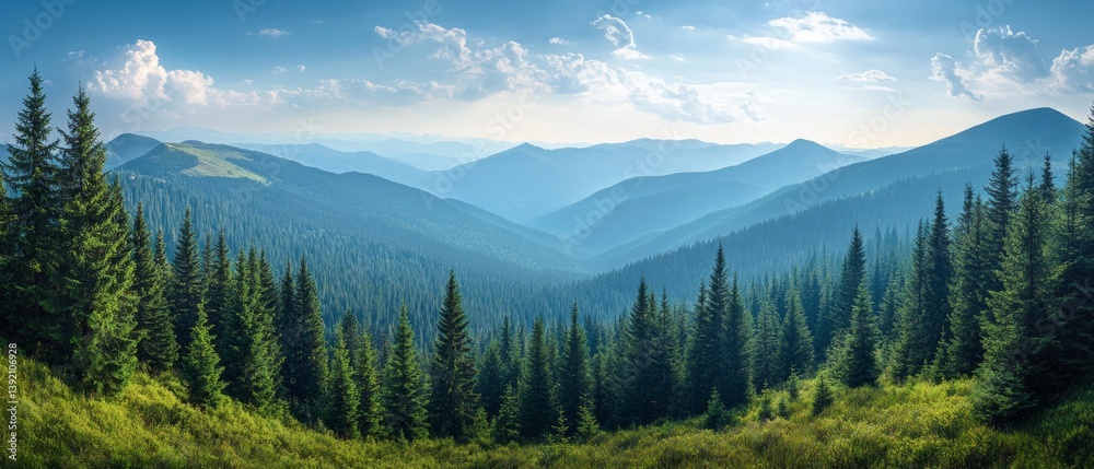 Panoramic view of a pine forest with mountains in the distance, filled with light and spaciousness. Great for advertising hiking trails and eco-tours.