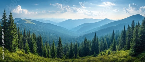 Obraz na płótnie Panoramic view of a pine forest with mountains in the distance, filled with light and spaciousness. Great for advertising hiking trails and eco-tours. w salonie