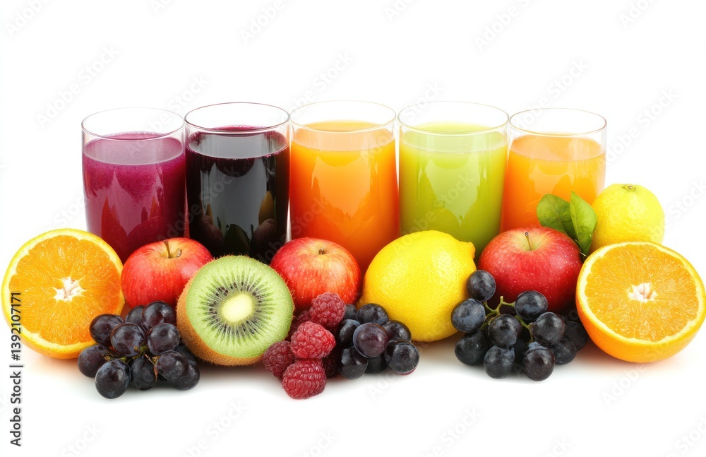 Colorful fruit juices and fresh fruit display Colorful fruit juices and fresh fruit display