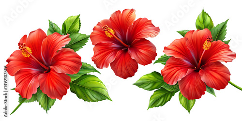 set of tropical red hibiscus flowers isolated on white background PNG. GENERATIVE AI