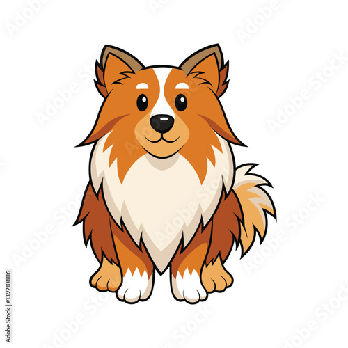 Cartoon Shetland sheepdog with fluffy fur and playful smile vector illustration isolated on white background
