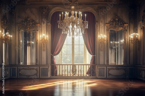 A traditional ballet academy with a grand chandelier and a wooden barre, surrounded by antique mirrors and velvet curtains. Gorgeous palace ball room.