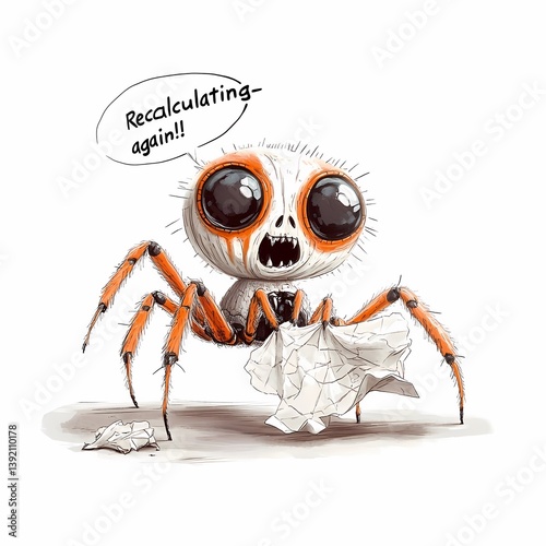 Watercolor Halloween cartoon of funny spider with skull head and big eyes, holding crumpled paper and speech bubble saying Recalculating again