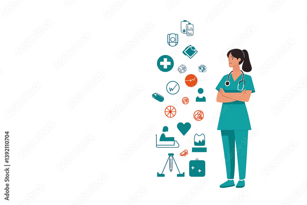 A healthcare professional in scrubs stands confidently, surrounded by medical icons representing health and wellness. A healthcare professional in scrubs stands confidently, surrounded by medical icons representing health and wellness.