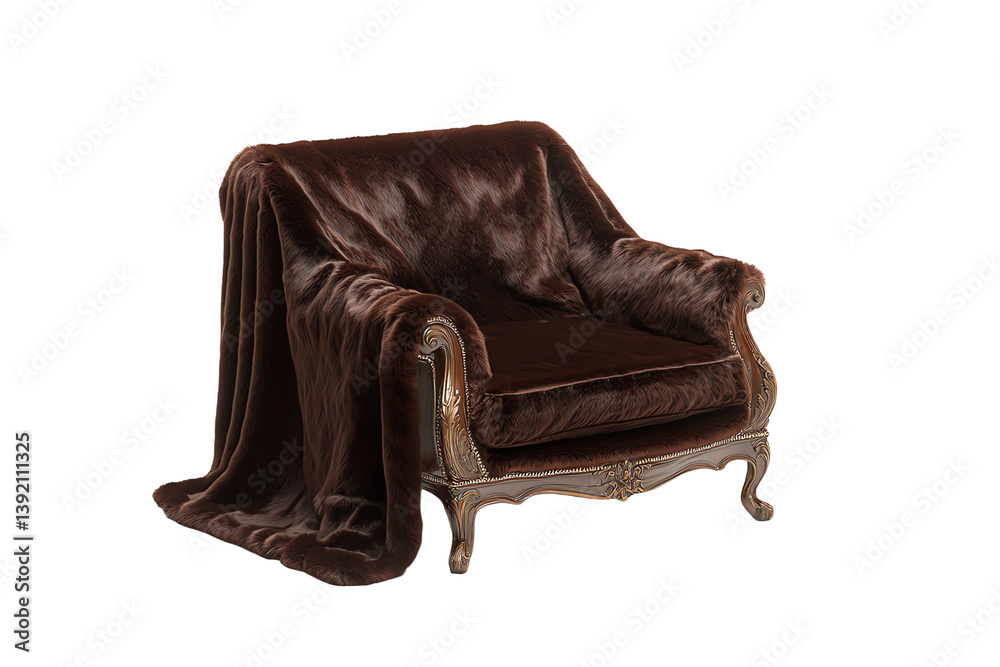 A luxurious brown upholstered armchair draped with a plush throw blanket, showcasing elegant detailing and rich texture. A luxurious brown upholstered armchair draped with a plush throw blanket, showcasing elegant detailing and rich texture.