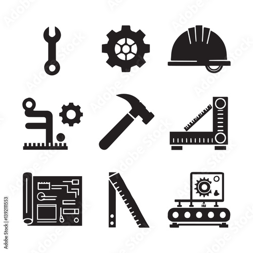 A set of 10 engineering-related icons as clean silhouette vector illustrations. Each icon is black and arranged on a simple white background.