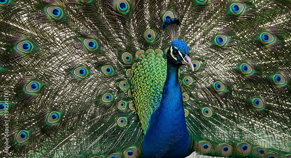 Obraz premium Majestic Peacock Displaying its Vibrant Plumage Outdoors AI Generated