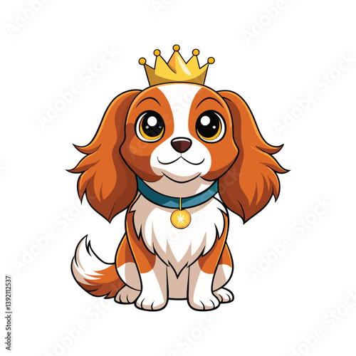 Charming cartoon king charles spaniel puppy with crown vector illustration isolated on white background