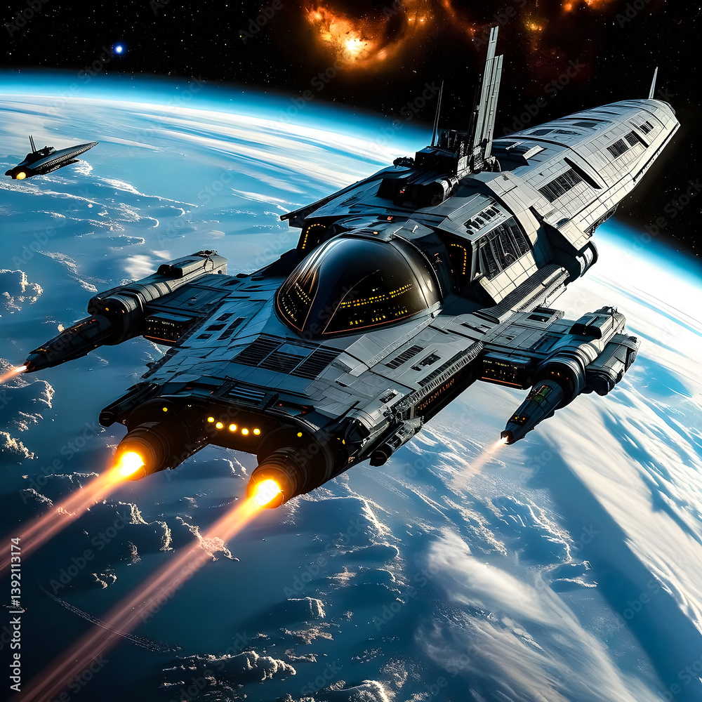Naklejka premium A fleet of alien spaceships has entered the planet's surface