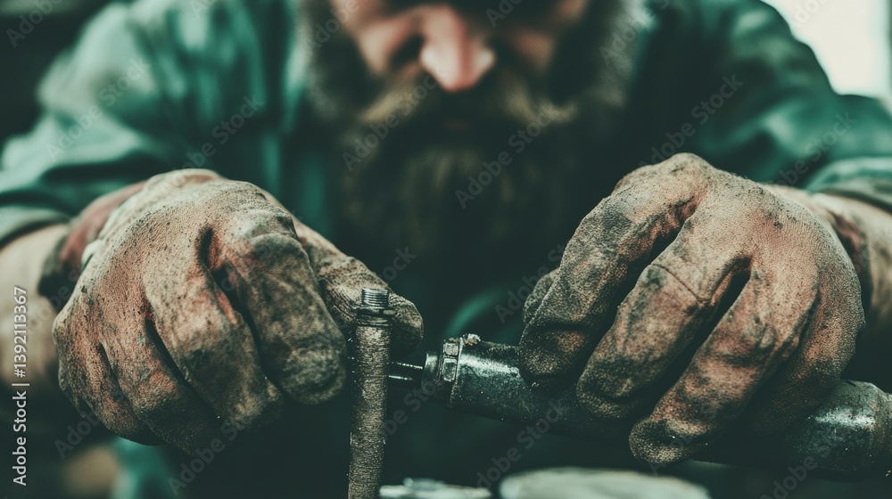 Close-up of mechanic working with greasy hands and old tools in workshop for authentic industrial look