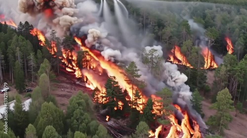 Forest fire blazing through trees in a dense forest  