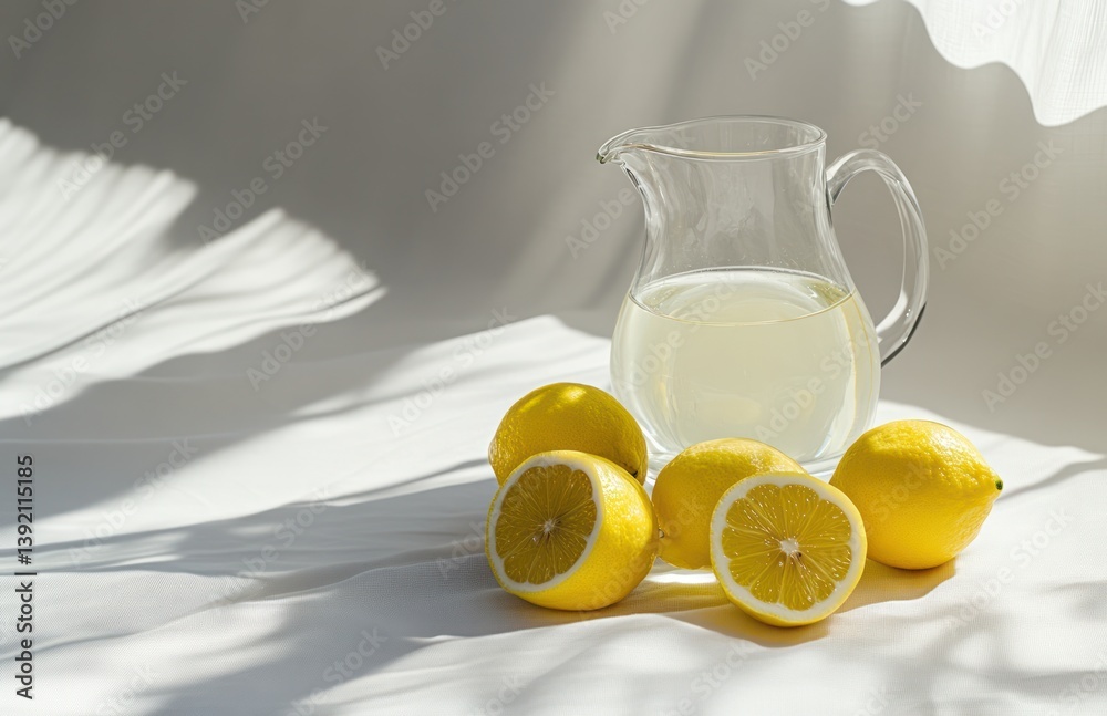 Fresh lemons and lemonade in glass pitcher on white fabric Fresh lemons and lemonade in glass pitcher on white fabric