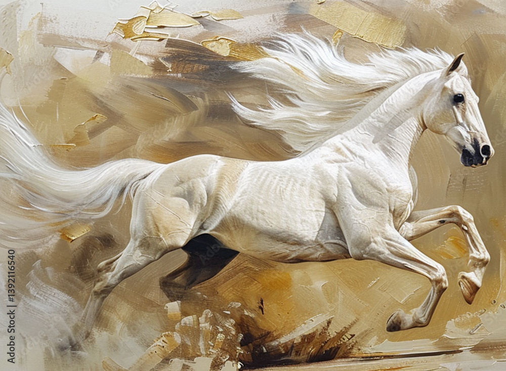 Abstract painting of a unicorn horse with a flowing long mane. The horse gently nudges a banner. Ash pink and white tones on a cocoa background with gold accents