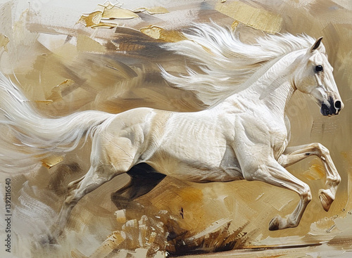 Obraz na płótnie Abstract painting of a unicorn horse with a flowing long mane. The horse gently nudges a banner. Ash pink and white tones on a cocoa background with gold accents w salonie