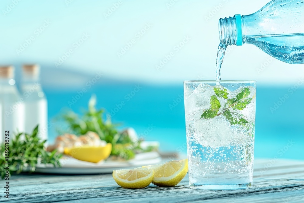 Refreshing sparkling water with lemon and mint on a sunny day by the sea, perfect for wellness and summer dining