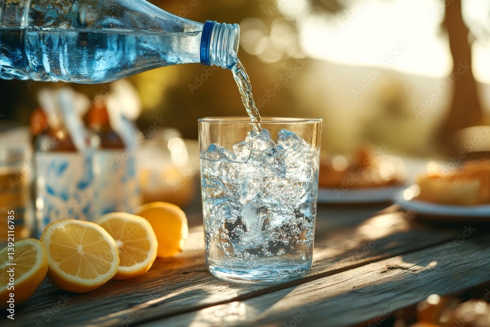 Pouring cold water with ice and lemon on wooden terrace table in warm evening light for summer refreshment scenes