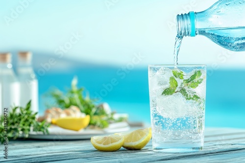 Obraz na płótnie Refreshing sparkling water with lemon and mint on a sunny day by the sea, perfect for wellness and summer dining w salonie