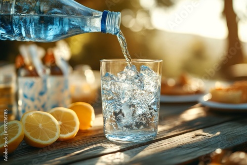 Obraz na płótnie Pouring cold water with ice and lemon on wooden terrace table in warm evening light for summer refreshment scenes w salonie