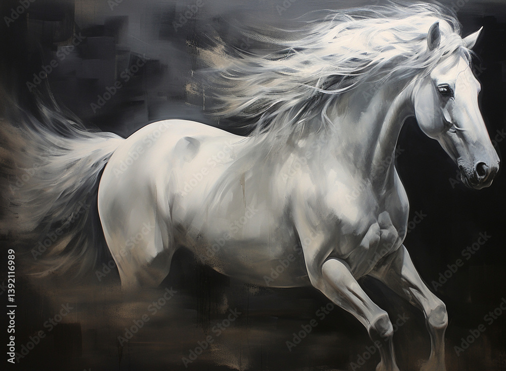 Abstract painting of a unicorn horse with a flowing long mane. The horse gently nudges a banner. Ash pink and white tones on a cocoa background with gold accents