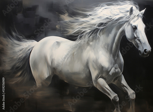 Obraz na płótnie Abstract painting of a unicorn horse with a flowing long mane. The horse gently nudges a banner. Ash pink and white tones on a cocoa background with gold accents w salonie