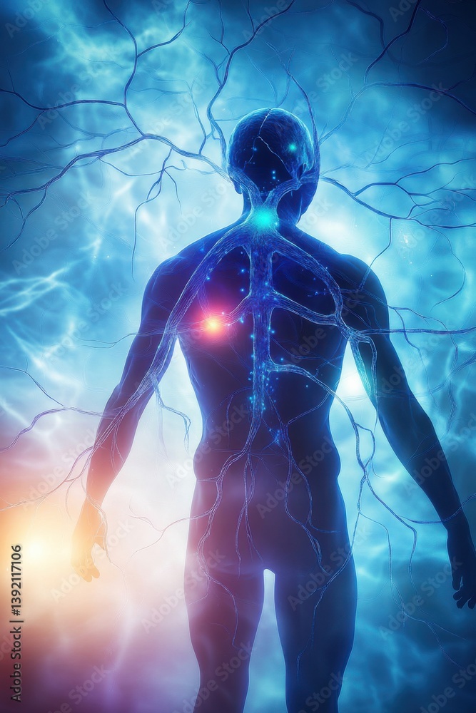 Abstract graphic of a human figure with glowing neural connections illuminating a vibrant background Abstract graphic of a human figure with glowing neural connections illuminating a vibrant background