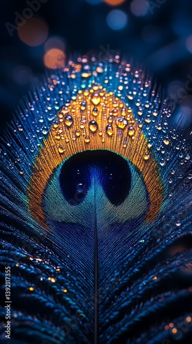 Close Up of Vibrant Peacock Feather with Glistening Droplets | HD Vertical Mobile Wallpaper

