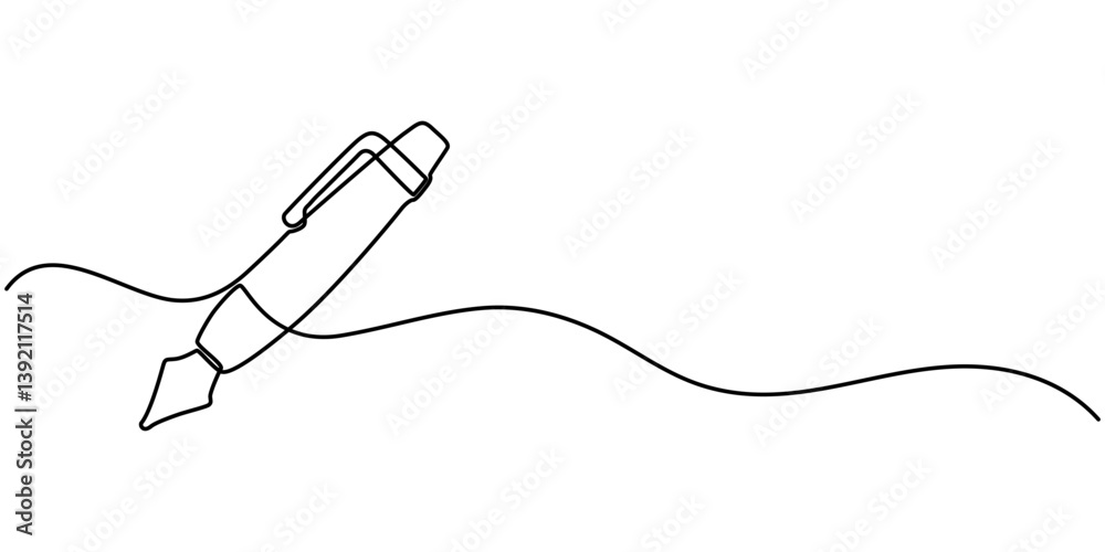 Fototapeta premium Continuous one line drawing writing pen isolated minimalist linear illustration made of single line vector illustration, Single continuous line drawing of vintage ballpoint. Pen icon. Back to school. 