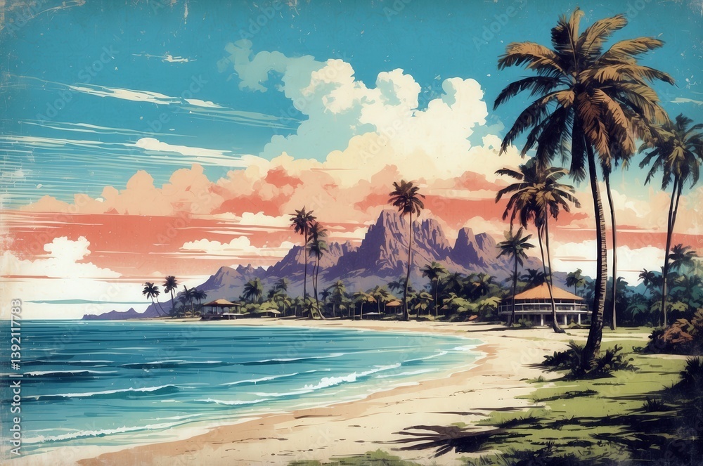 Naklejka premium Serene tropical beach landscape with mountains, palm trees, and colorful sky at sunset