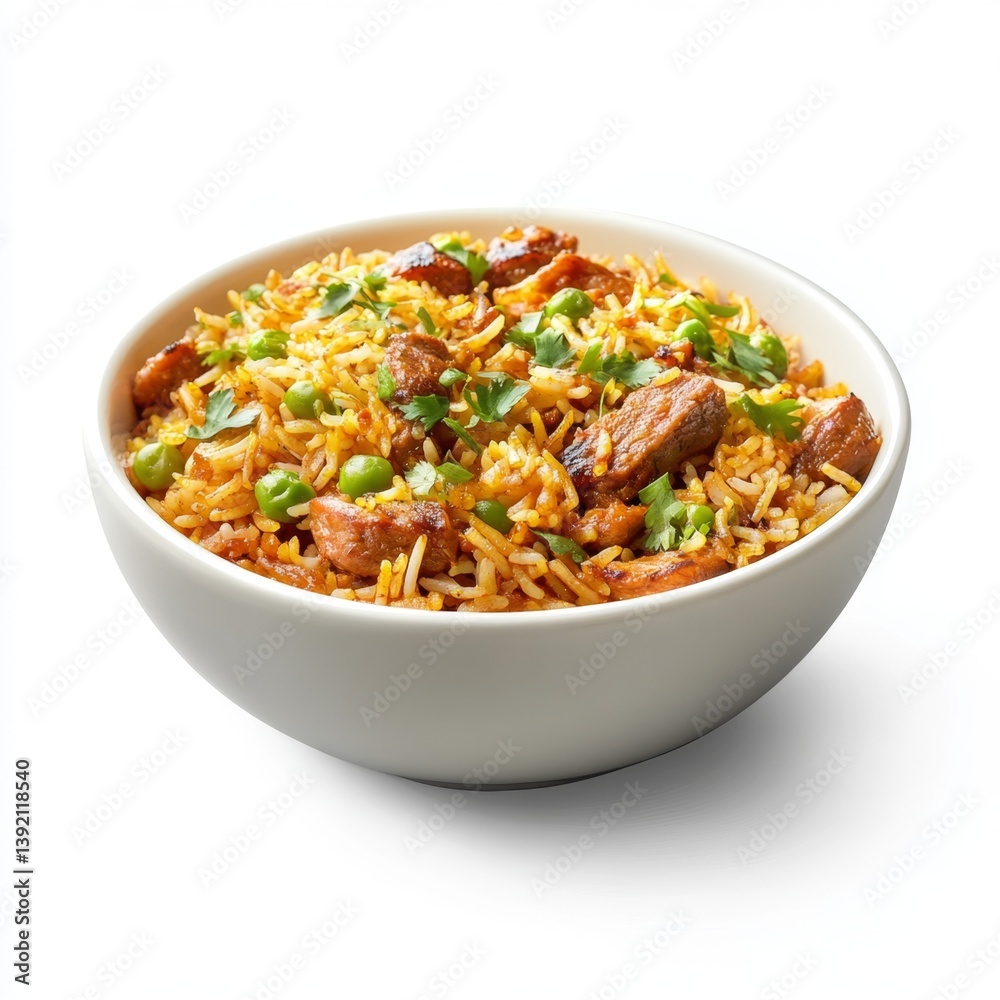 Delicious Chicken Biryani in Bowl, Isolated on White Background Delicious Chicken Biryani in Bowl, Isolated on White Background