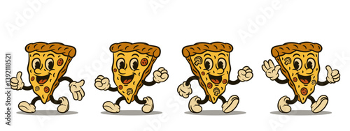Cheerful retro pizza slice character walking and posing in a vintage cartoon. Playful food mascot vector illustration. 