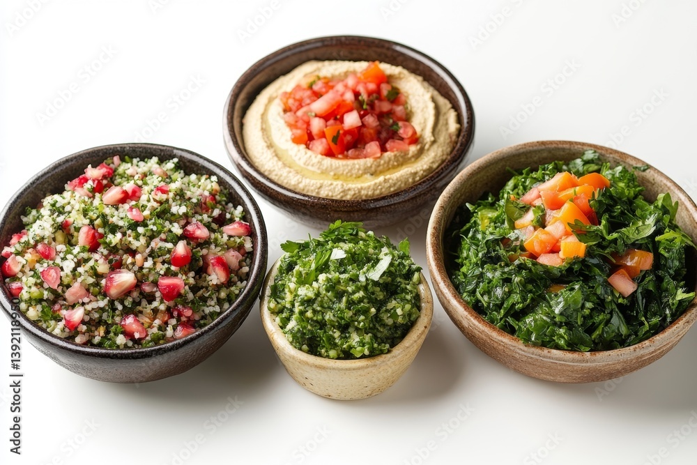 Assorted Middle Eastern dips and salads on white background (2) Assorted Middle Eastern dips and salads on white background (2)