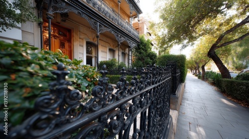 Victorian house exterior with ornate iron fence, sidewalk, trees, and street