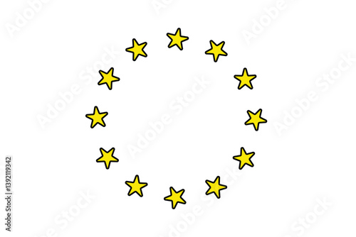 Twelve yellow stars in a circle on white background.