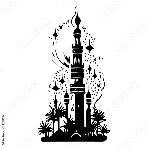Stylized silhouette of a fantasy palace surrounded by celestial elements and flora