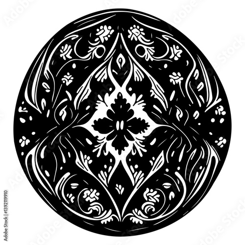 Circular botanical pattern exhibiting stylized symmetric floral elements in grayscale