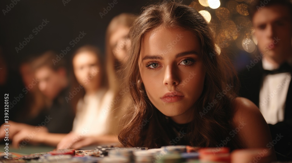 Fototapeta premium Woman at casino poker table, focused gaze, evening atmosphere, gambling theme