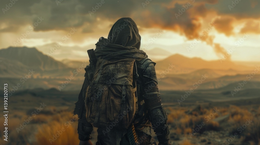 Lonely traveler navigates the desolate wasteland under a stormy sky Lonely traveler navigates the desolate wasteland under a stormy sky